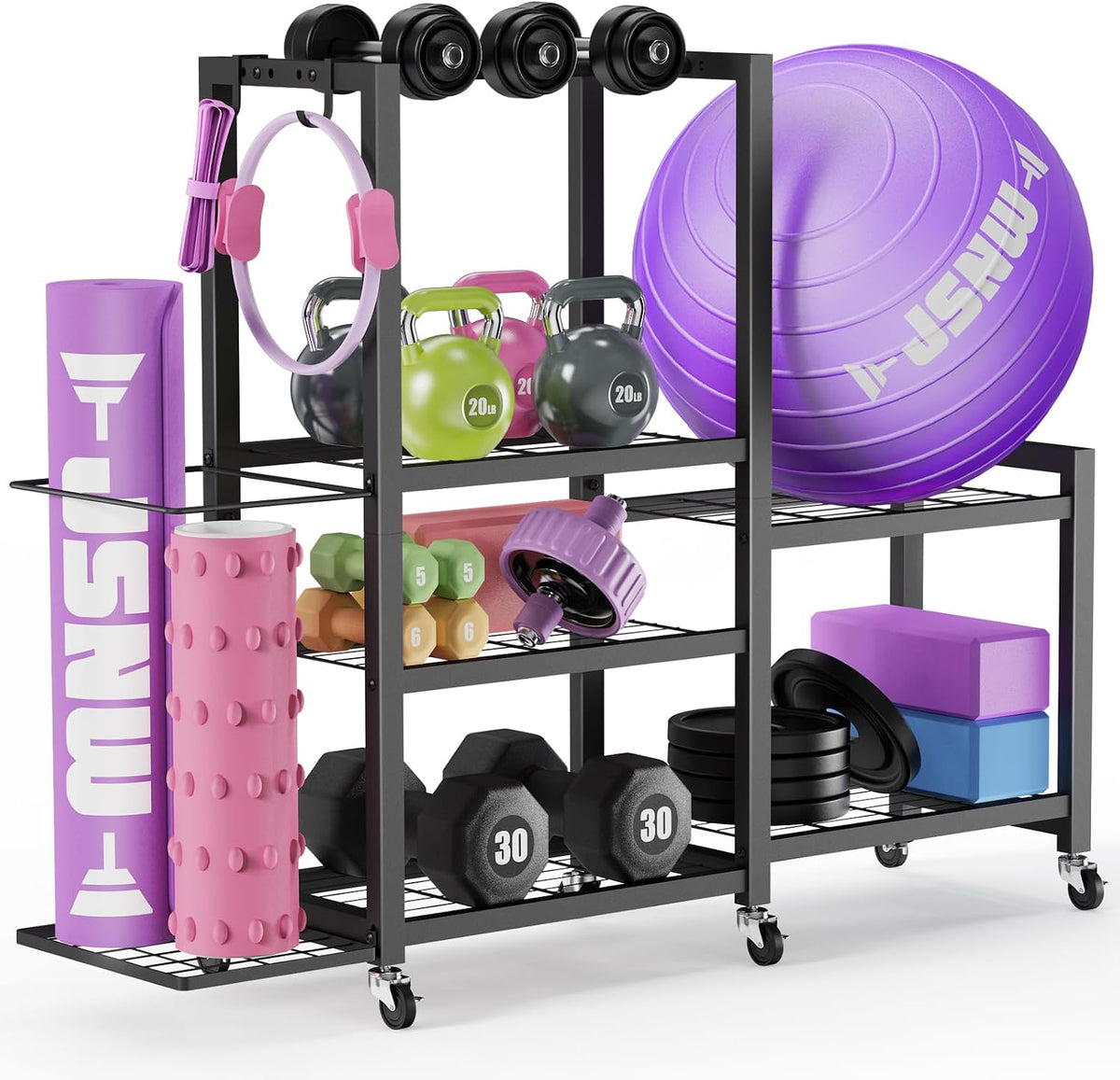 6-Tier Multi-Functional Gym Storage Rack with Wheels and Hooks, Adjustable Weight Rack for Dumbbells Kettlebells Yoga Mat and Balls, Space Saving Workout Equipment Storage Organizer