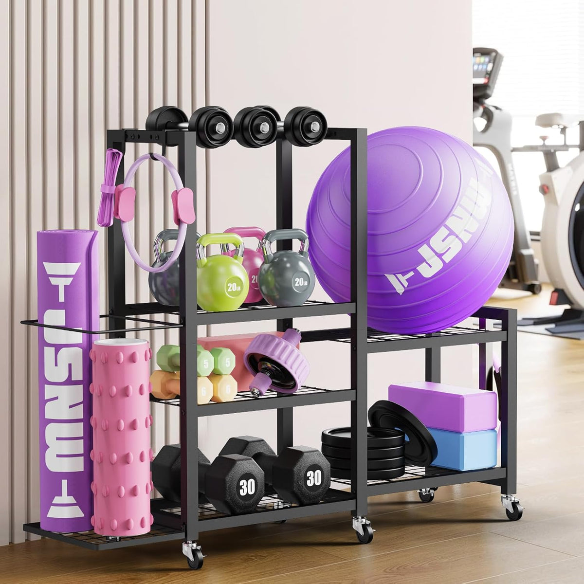6-Tier Multi-Functional Gym Storage Rack with Wheels and Hooks, Adjustable Weight Rack for Dumbbells Kettlebells Yoga Mat and Balls, Space Saving Workout Equipment Storage Organizer