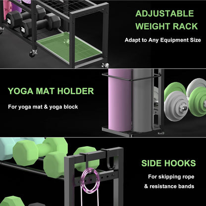 6-Tier Multi-Functional Gym Storage Rack with Wheels and Hooks, Adjustable Weight Rack for Dumbbells Kettlebells Yoga Mat and Balls, Space Saving Workout Equipment Storage Organizer