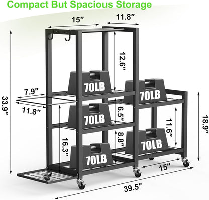 6-Tier Multi-Functional Gym Storage Rack with Wheels and Hooks, Adjustable Weight Rack for Dumbbells Kettlebells Yoga Mat and Balls, Space Saving Workout Equipment Storage Organizer