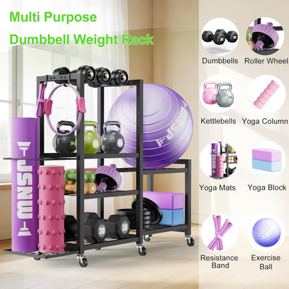 6-Tier Multi-Functional Gym Storage Rack with Wheels and Hooks, Adjustable Weight Rack for Dumbbells Kettlebells Yoga Mat and Balls, Space Saving Workout Equipment Storage Organizer