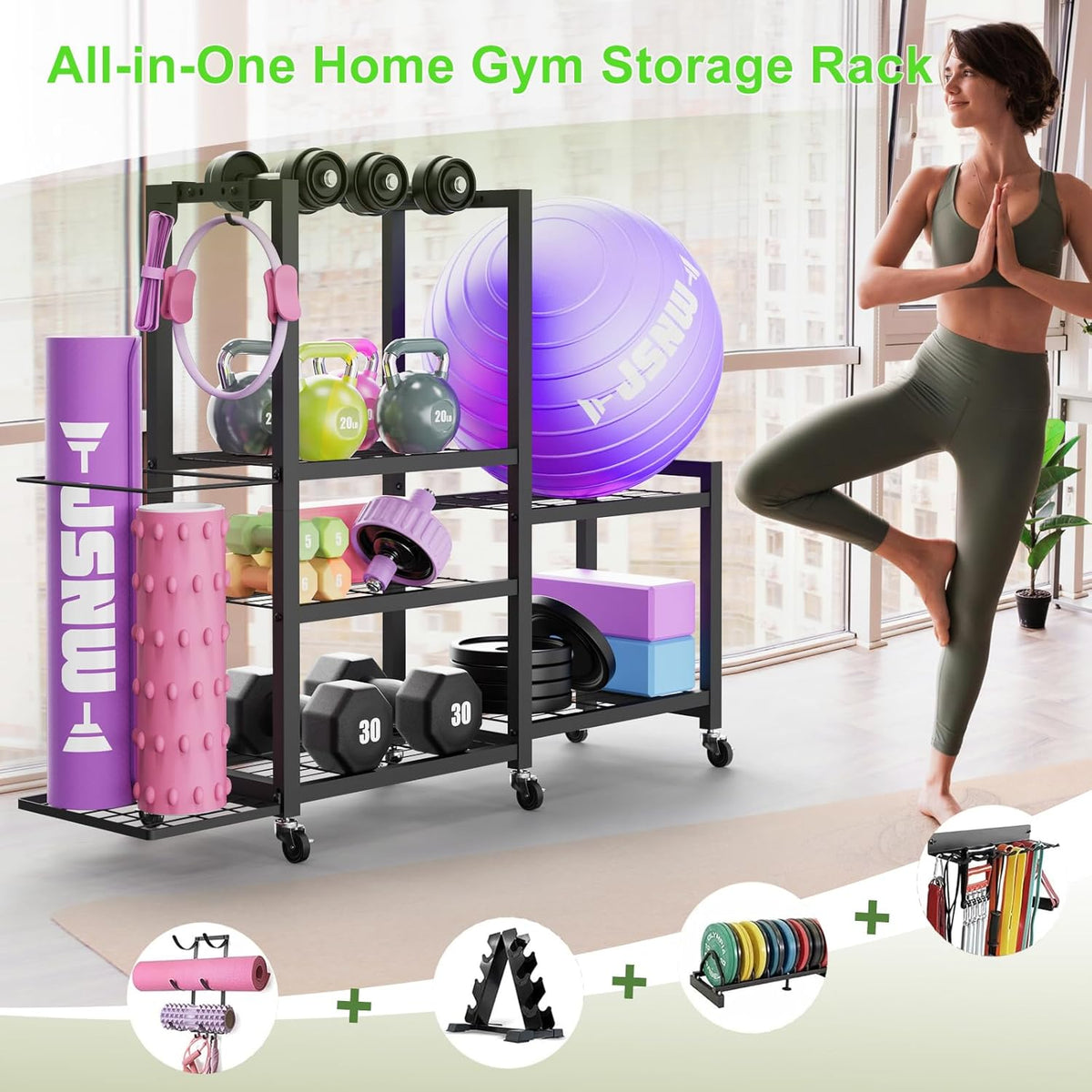 6-Tier Multi-Functional Gym Storage Rack with Wheels and Hooks, Adjustable Weight Rack for Dumbbells Kettlebells Yoga Mat and Balls, Space Saving Workout Equipment Storage Organizer