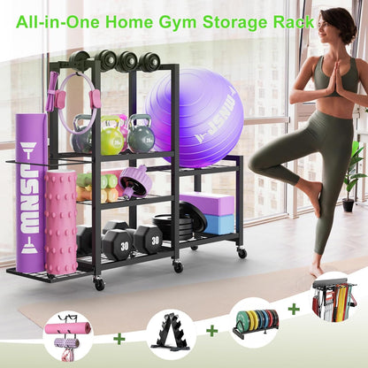 6-Tier Multi-Functional Gym Storage Rack with Wheels and Hooks, Adjustable Weight Rack for Dumbbells Kettlebells Yoga Mat and Balls, Space Saving Workout Equipment Storage Organizer