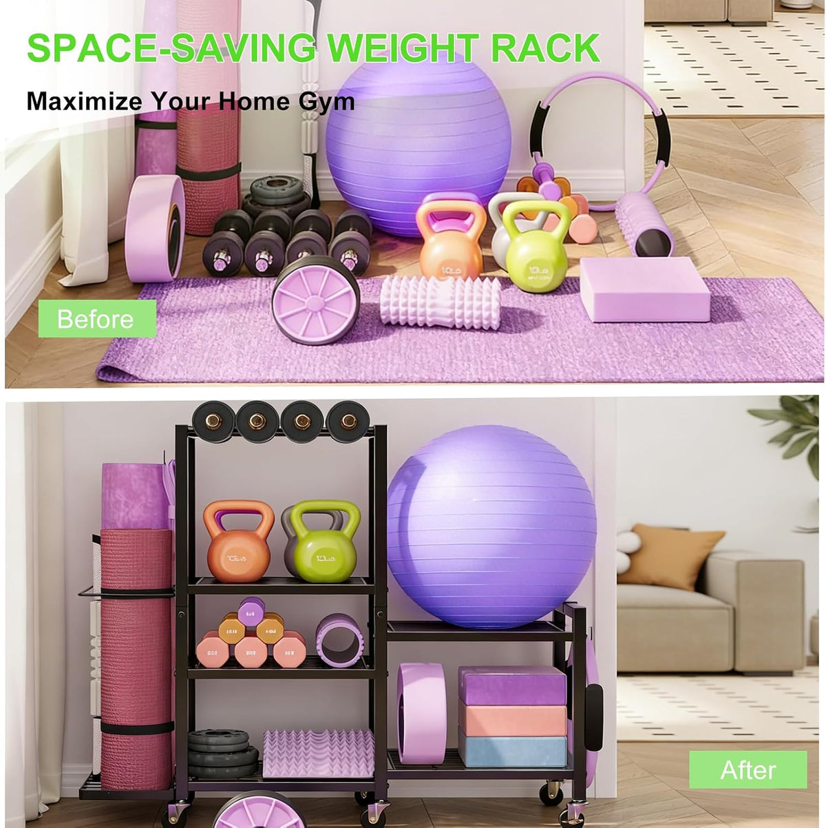 6-Tier Multi-Functional Gym Storage Rack with Wheels and Hooks, Adjustable Weight Rack for Dumbbells Kettlebells Yoga Mat and Balls, Space Saving Workout Equipment Storage Organizer