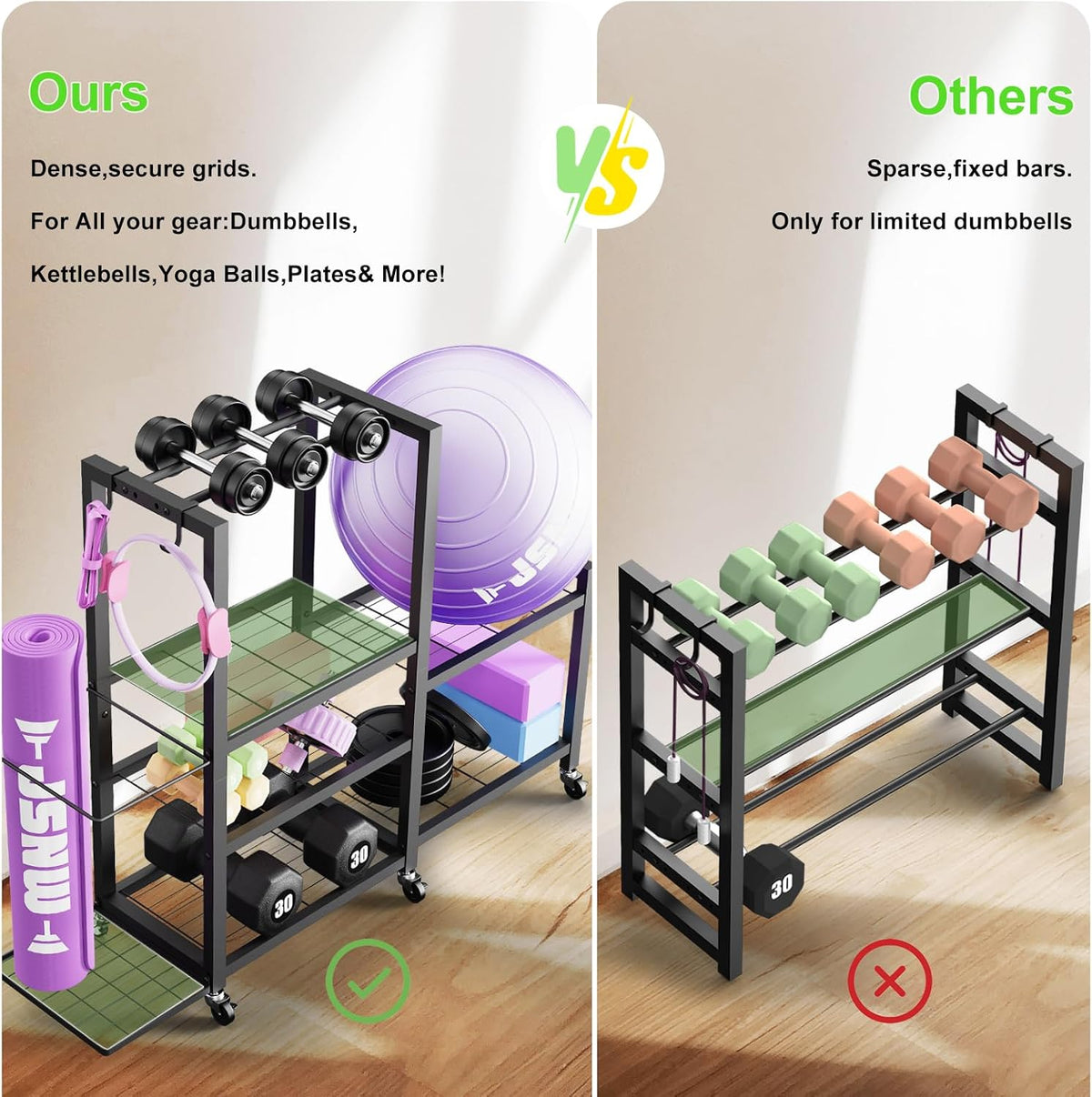 6-Tier Multi-Functional Gym Storage Rack with Wheels and Hooks, Adjustable Weight Rack for Dumbbells Kettlebells Yoga Mat and Balls, Space Saving Workout Equipment Storage Organizer