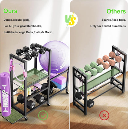 6-Tier Multi-Functional Gym Storage Rack with Wheels and Hooks, Adjustable Weight Rack for Dumbbells Kettlebells Yoga Mat and Balls, Space Saving Workout Equipment Storage Organizer