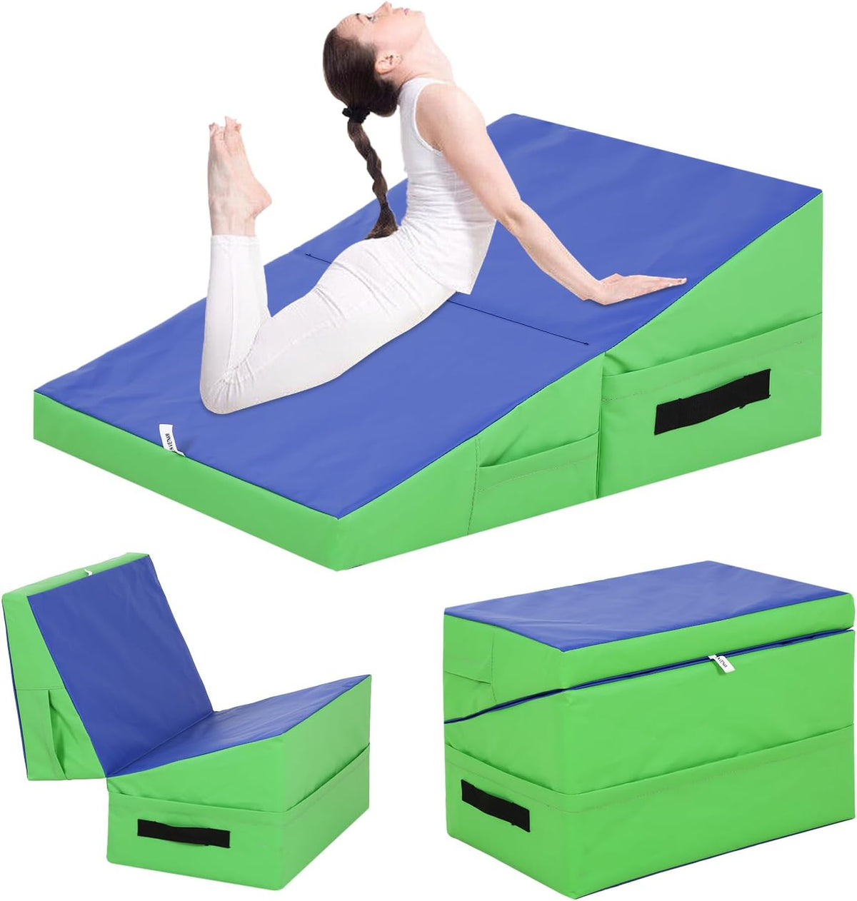 Gymnastics Mat Incline Tumbling Mats yoga mat for Home Gym, Folding Exercise Mat with Non-Slip PU Surface & Handles, Cheese Wedge Mat