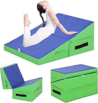 Gymnastics Mat Incline Tumbling Mats yoga mat for Home Gym, Folding Exercise Mat with Non-Slip PU Surface & Handles, Cheese Wedge Mat