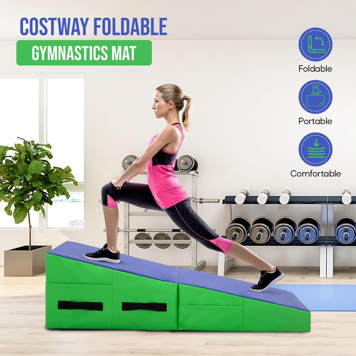 Gymnastics Mat Incline Tumbling Mats yoga mat for Home Gym, Folding Exercise Mat with Non-Slip PU Surface & Handles, Cheese Wedge Mat