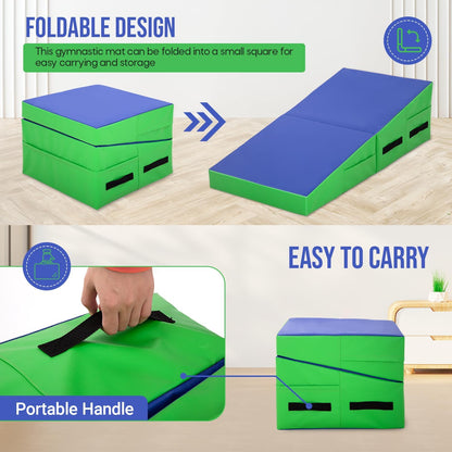 Gymnastics Mat Incline Tumbling Mats yoga mat for Home Gym, Folding Exercise Mat with Non-Slip PU Surface & Handles, Cheese Wedge Mat