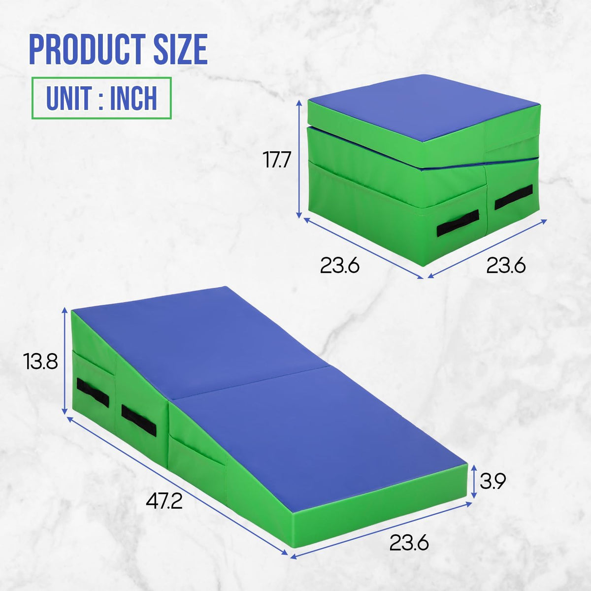 Gymnastics Mat Incline Tumbling Mats yoga mat for Home Gym, Folding Exercise Mat with Non-Slip PU Surface & Handles, Cheese Wedge Mat