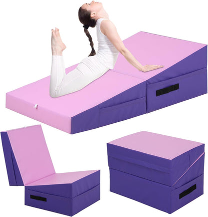Gymnastics Mat Incline Tumbling Mats yoga mat for Home Gym, Folding Exercise Mat with Non-Slip PU Surface & Handles, Cheese Wedge Mat