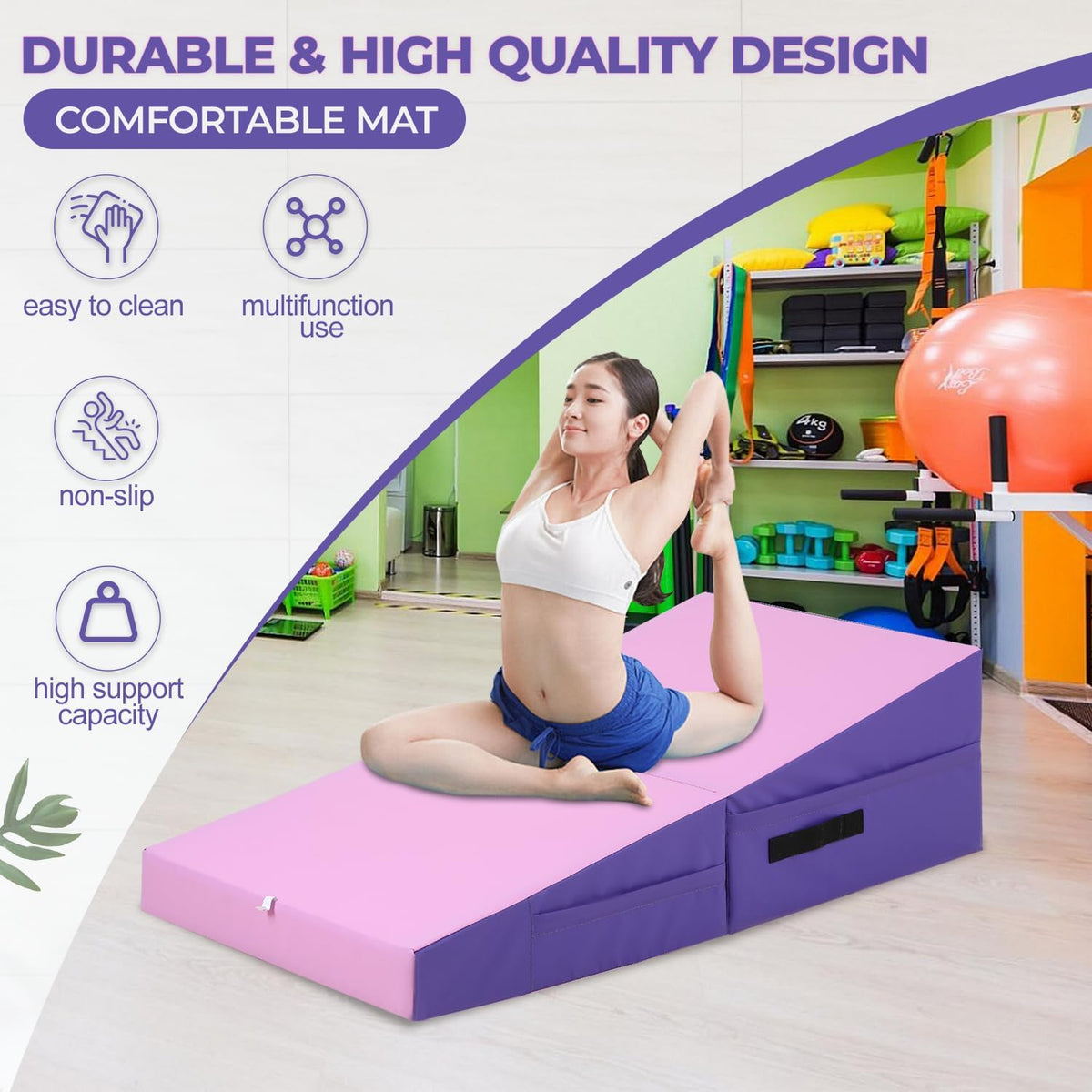 Gymnastics Mat Incline Tumbling Mats yoga mat for Home Gym, Folding Exercise Mat with Non-Slip PU Surface & Handles, Cheese Wedge Mat