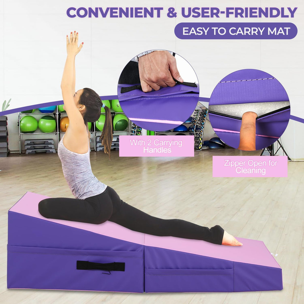 Gymnastics Mat Incline Tumbling Mats yoga mat for Home Gym, Folding Exercise Mat with Non-Slip PU Surface & Handles, Cheese Wedge Mat