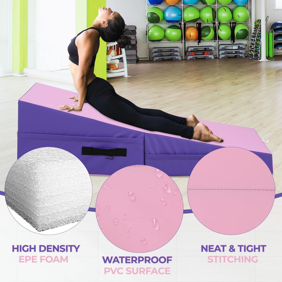 Gymnastics Mat Incline Tumbling Mats yoga mat for Home Gym, Folding Exercise Mat with Non-Slip PU Surface & Handles, Cheese Wedge Mat