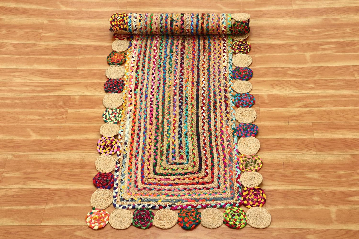 Heavy Material Hand Braided Jute 3x5 Natural Jute Beige Multi Geometric Design Hand Woven Rug Flatweave Area Carpet Indoor Outdoor Rugs for Kitchen Garden Yoga Mat - Colors B