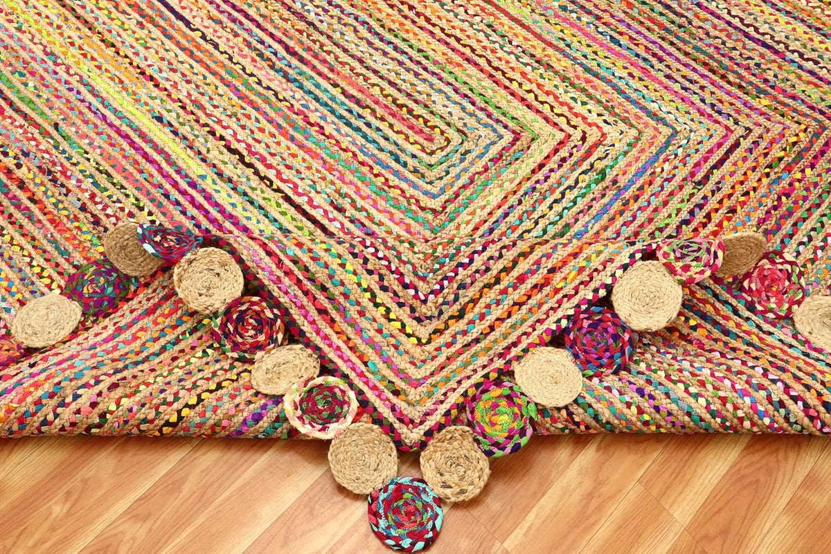 Heavy Material Hand Braided Jute 3x5 Natural Jute Beige Multi Geometric Design Hand Woven Rug Flatweave Area Carpet Indoor Outdoor Rugs for Kitchen Garden Yoga Mat - Colors B