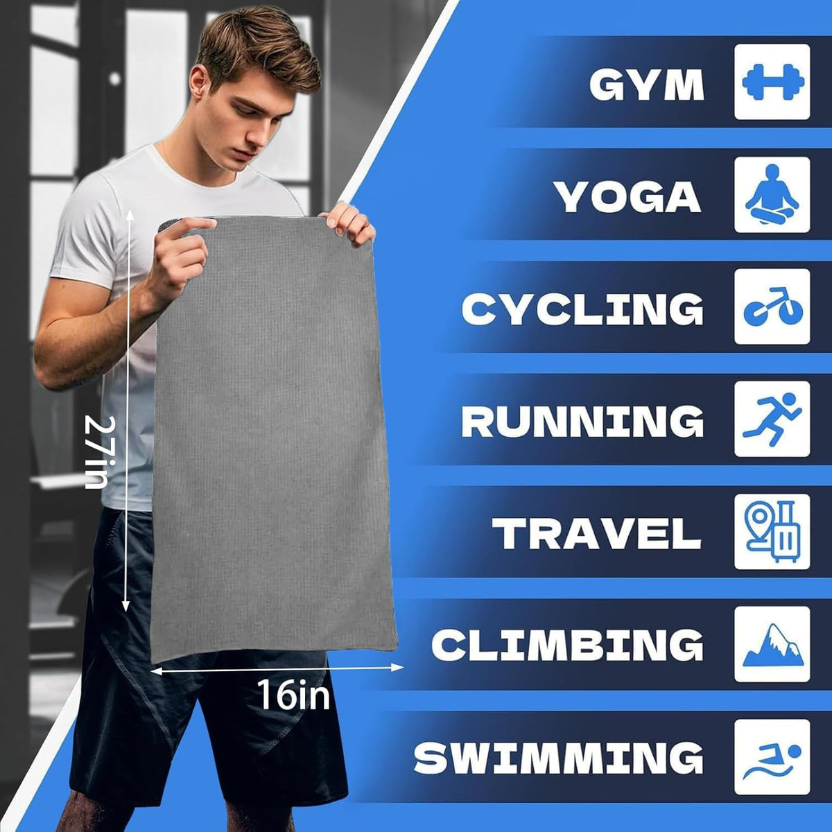 Microfiber Gym Towels for Working Out, Quickly Dry Yoga Towels for Men & Women Tennis, 16 Inch x 27 Inch, 6 Pack, Black