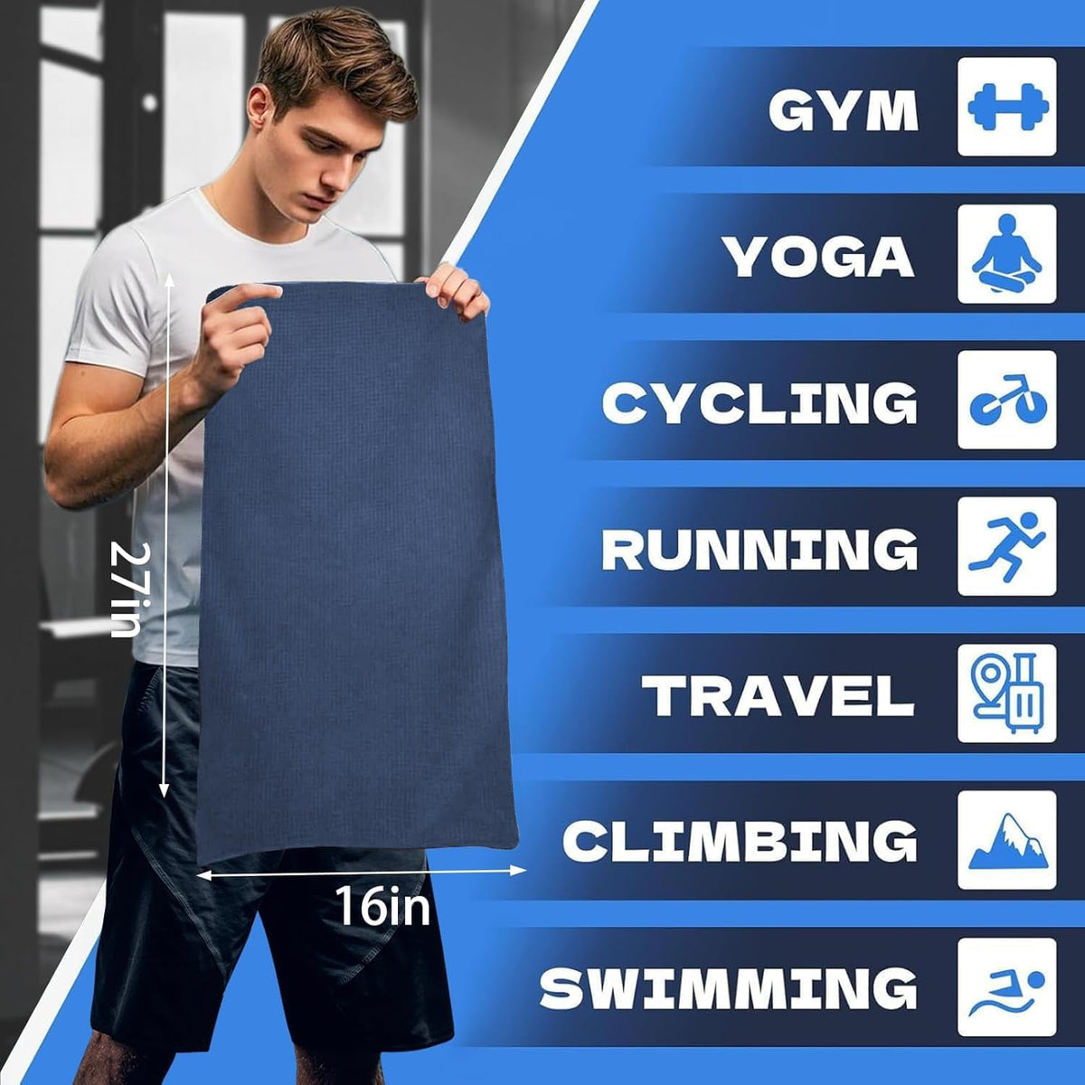 Microfiber Gym Towels for Working Out, Quickly Dry Yoga Towels for Men & Women Tennis, 16 Inch x 27 Inch, 6 Pack, Black