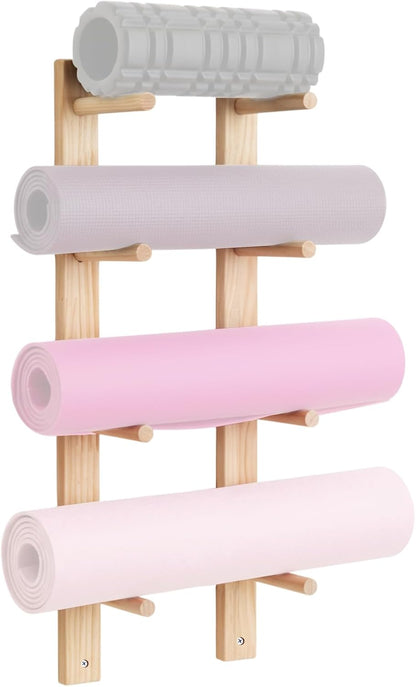 Cinnvoice 1 Pair Yoga Mat Holder Wall Mount Wooden Yoga Mat Storage Racks for Foam Roller & Fitness Accessories 4 Layer 28.7" X7" X2", Accommodating 4 Mats Save Space & Home Gym Organize
