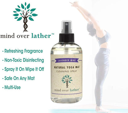 Mind Over Lather Yoga Mat Cleaner & Cleaning Spray 8oz 100% Natural Essential Oils | Lavender Mint | Cleans, Deodorizes & Restores All Mats | Non-Toxic