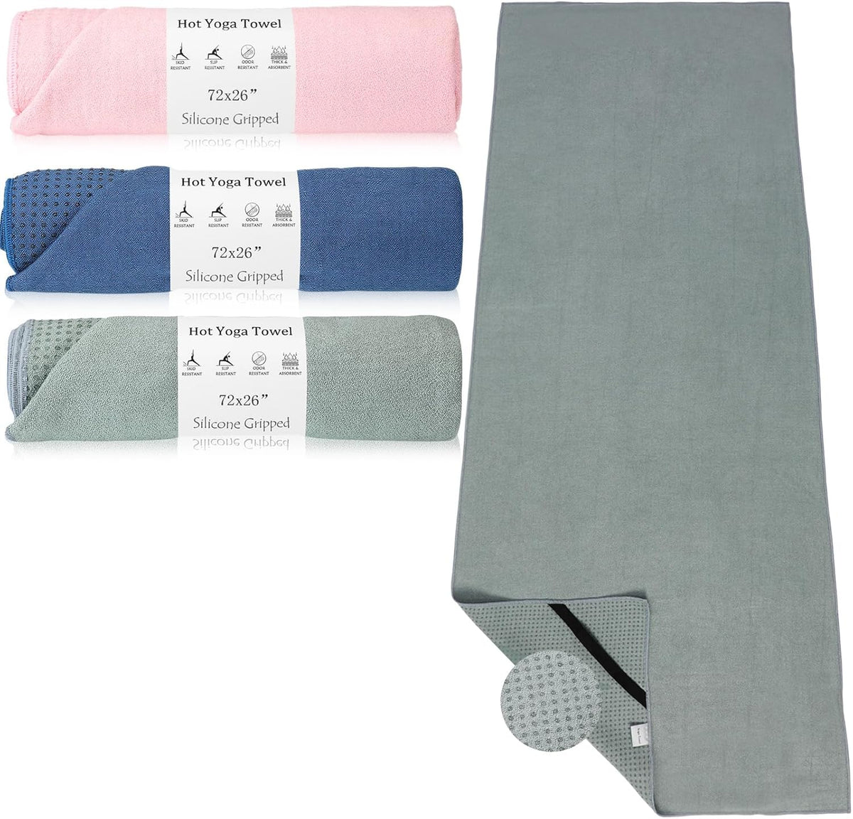 3 Pack Hot Yoga Mat Towel Non Slip Microfiber Pilates Towel with Grip Dots & Elastic Straps, 72" x 26" Absorbent Sweat Anti-Slip Hot Yoga Gym Mat for Fitness Workout(Morandi Pink Blue Green)