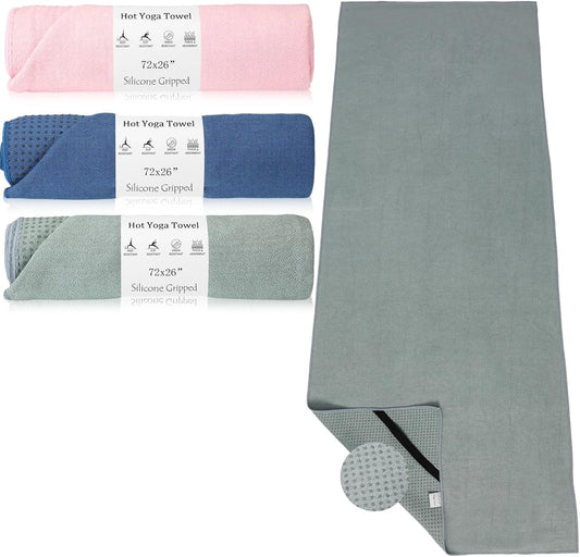 3 Pack Hot Yoga Mat Towel Non Slip Microfiber Pilates Towel with Grip Dots & Elastic Straps, 72" x 26" Absorbent Sweat Anti-Slip Hot Yoga Gym Mat for Fitness Workout(Morandi Pink Blue Green)
