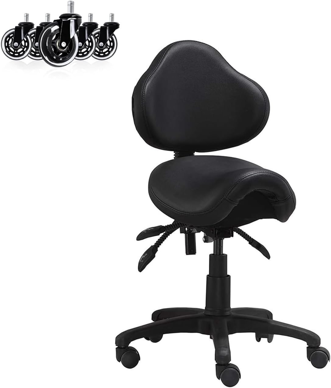 Ergonomic Saddle Stool with Back | Rolling Office Task Chair Adjustable Height Tilt Recline | Padded Seat for Medical Professionals, Dentists, and Artists, Black with Wheels, Single, Set of 1