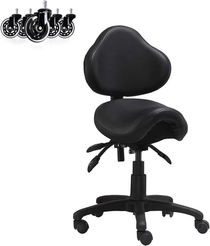 Ergonomic Saddle Stool with Back | Rolling Office Task Chair Adjustable Height Tilt Recline | Padded Seat for Medical Professionals, Dentists, and Artists, Black with Wheels, Single, Set of 1