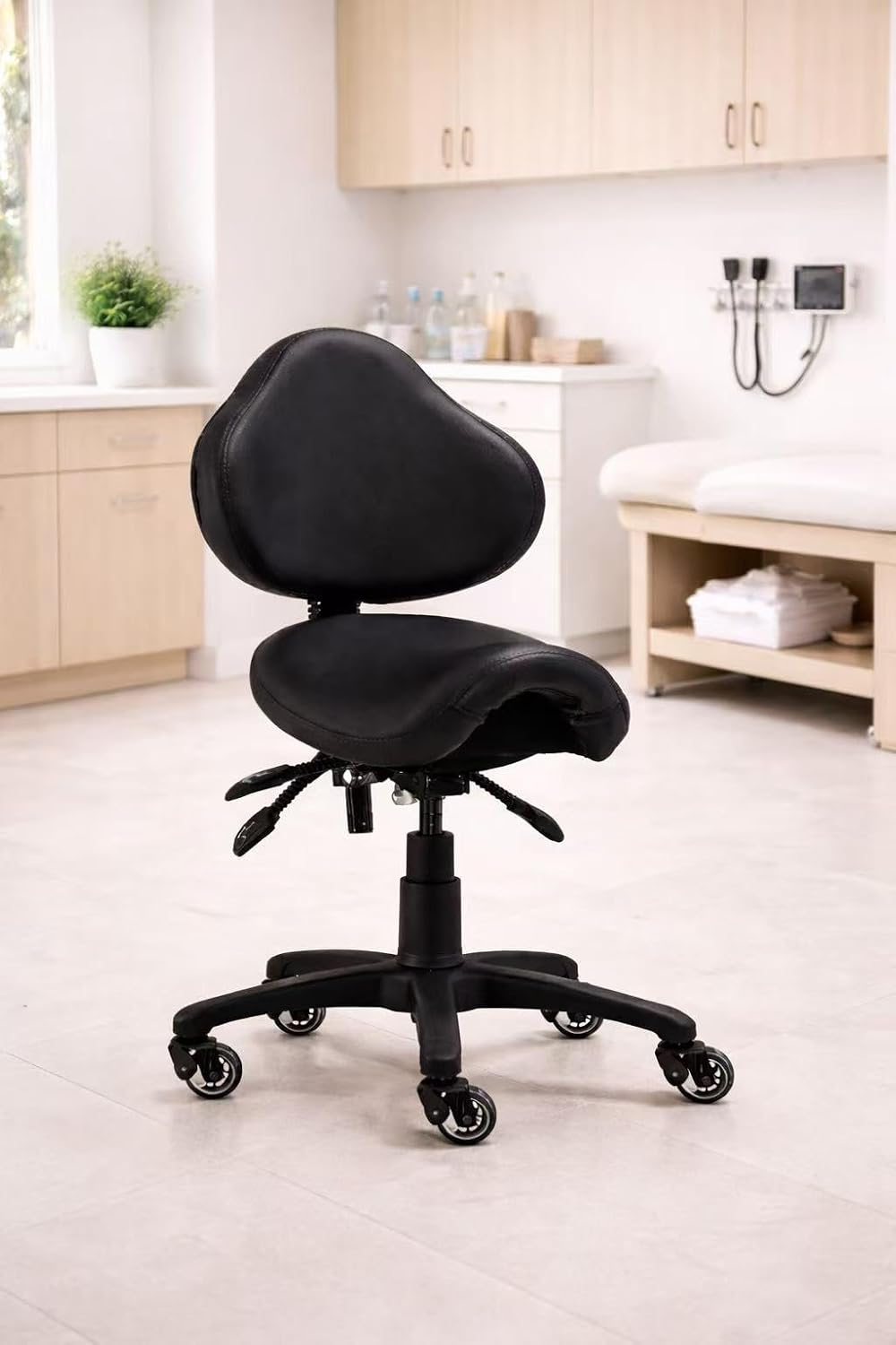 Ergonomic Saddle Stool with Back | Rolling Office Task Chair Adjustable Height Tilt Recline | Padded Seat for Medical Professionals, Dentists, and Artists, Black with Wheels, Single, Set of 1