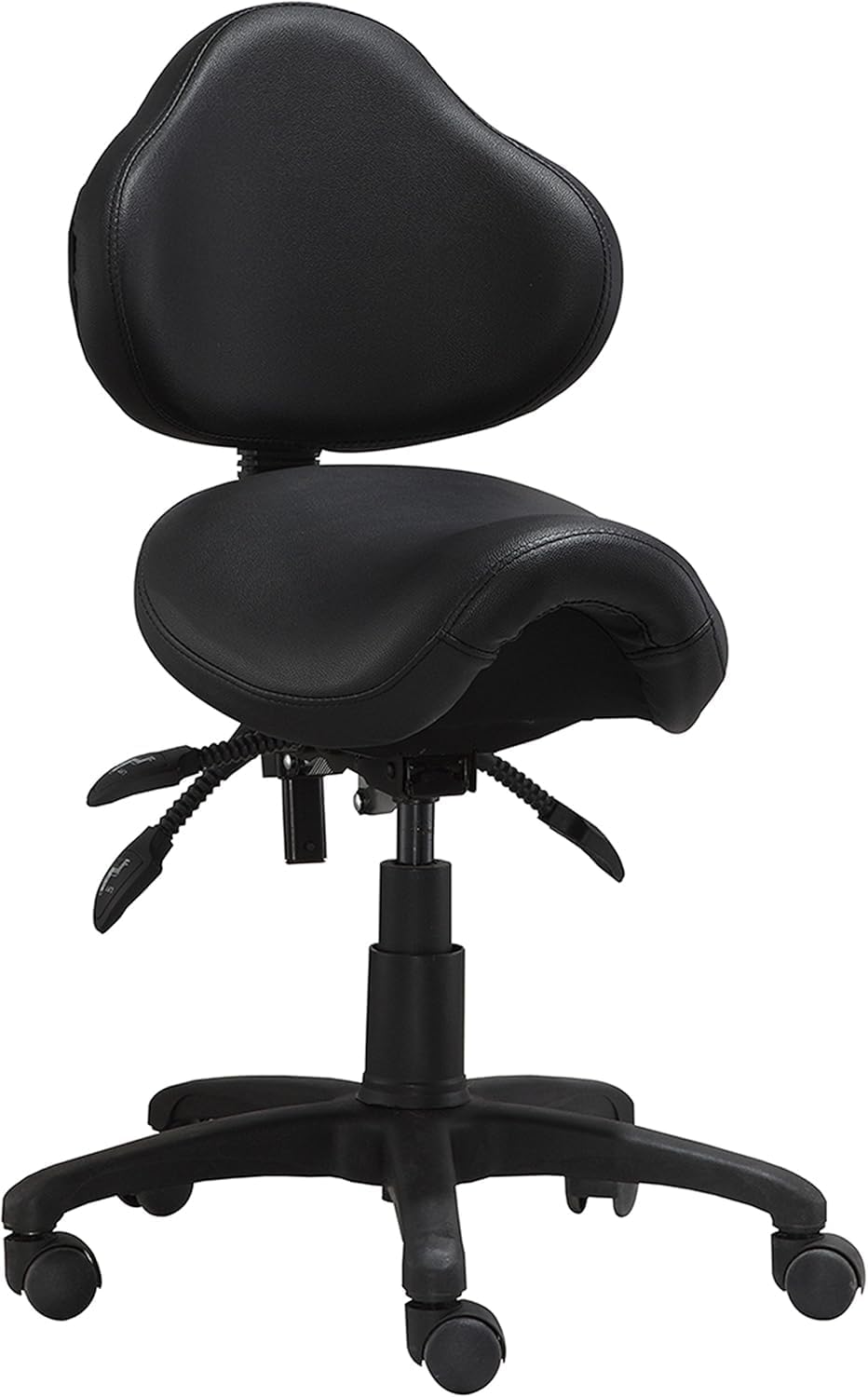 Ergonomic Saddle Stool with Back | Rolling Office Task Chair Adjustable Height Tilt Recline | Padded Seat for Medical Professionals, Dentists, and Artists, Black with Wheels, Single, Set of 1