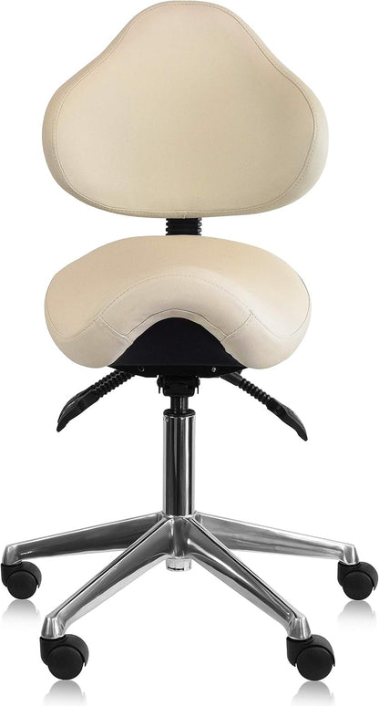 Ergonomic Saddle Stool with Back | Rolling Office Task Chair Adjustable Height Tilt Recline | Padded Seat for Medical Professionals, Dentists, and Artists, Black with Wheels, Single, Set of 1