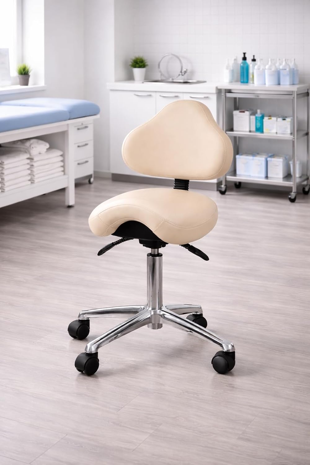 Ergonomic Saddle Stool with Back | Rolling Office Task Chair Adjustable Height Tilt Recline | Padded Seat for Medical Professionals, Dentists, and Artists, Black with Wheels, Single, Set of 1