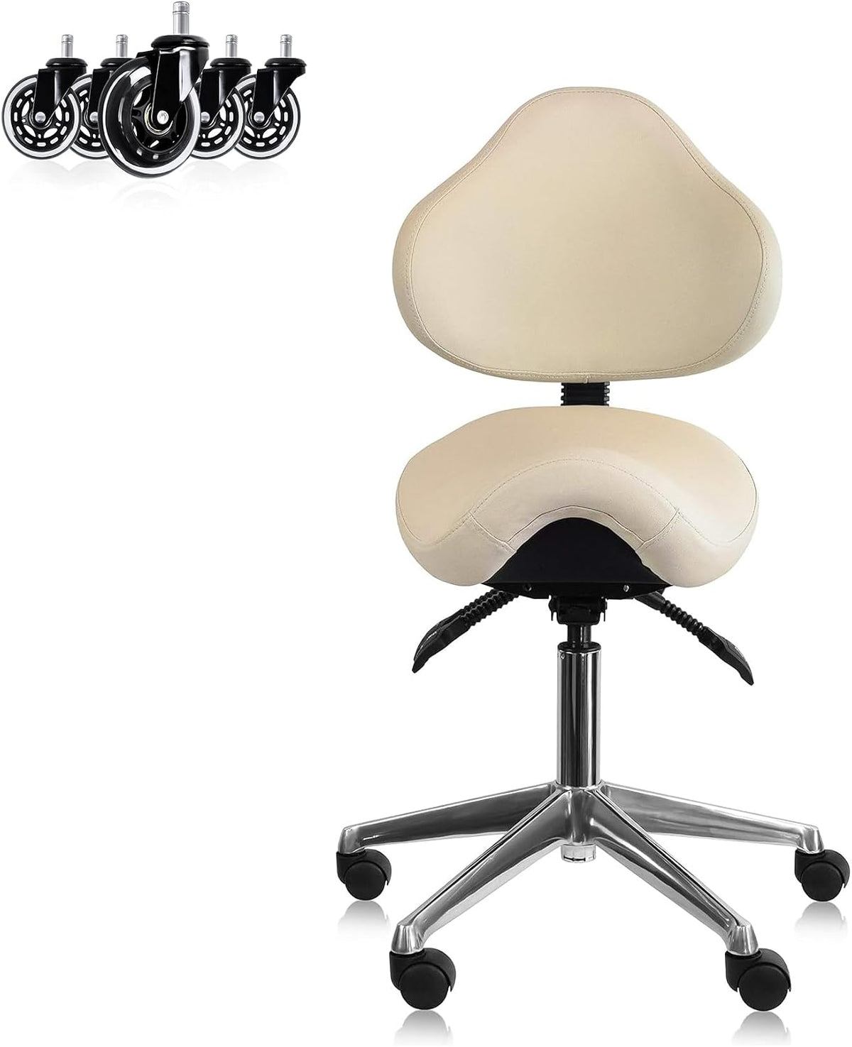 Ergonomic Saddle Stool with Back | Rolling Office Task Chair Adjustable Height Tilt Recline | Padded Seat for Medical Professionals, Dentists, and Artists, Black with Wheels, Single, Set of 1