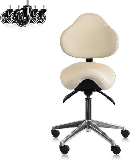Ergonomic Saddle Stool with Back | Rolling Office Task Chair Adjustable Height Tilt Recline | Padded Seat for Medical Professionals, Dentists, and Artists, Black with Wheels, Single, Set of 1