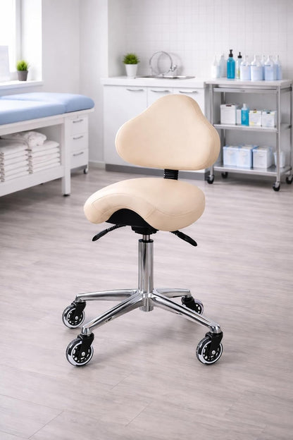 Ergonomic Saddle Stool with Back | Rolling Office Task Chair Adjustable Height Tilt Recline | Padded Seat for Medical Professionals, Dentists, and Artists, Black with Wheels, Single, Set of 1