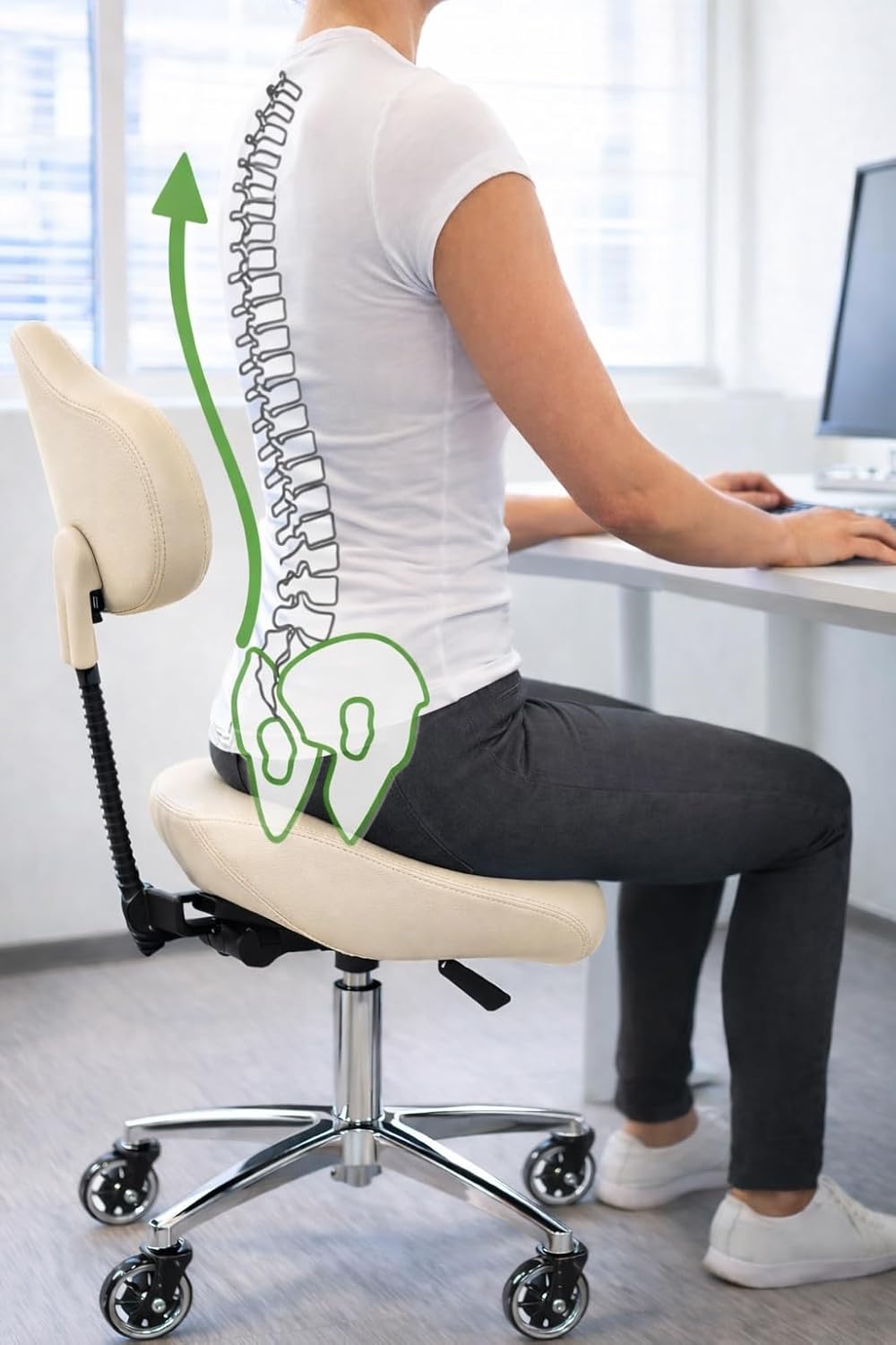 Ergonomic Saddle Stool with Back | Rolling Office Task Chair Adjustable Height Tilt Recline | Padded Seat for Medical Professionals, Dentists, and Artists, Black with Wheels, Single, Set of 1
