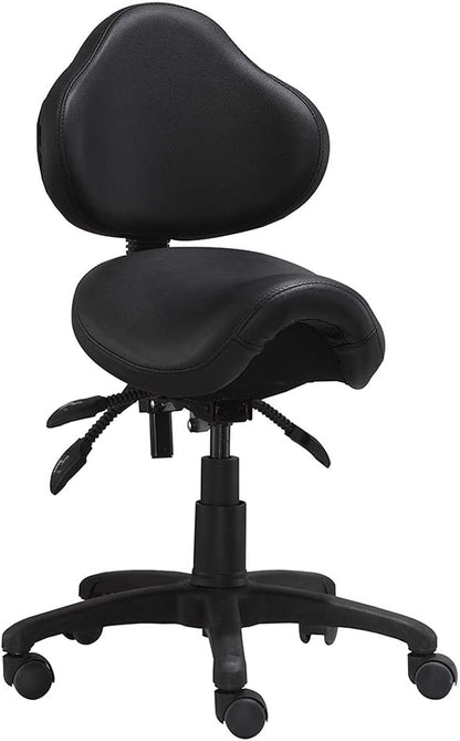 Ergonomic Saddle Stool with Back | Rolling Office Task Chair Adjustable Height Tilt Recline | Padded Seat for Medical Professionals, Dentists, and Artists, Black with Wheels, Single, Set of 1
