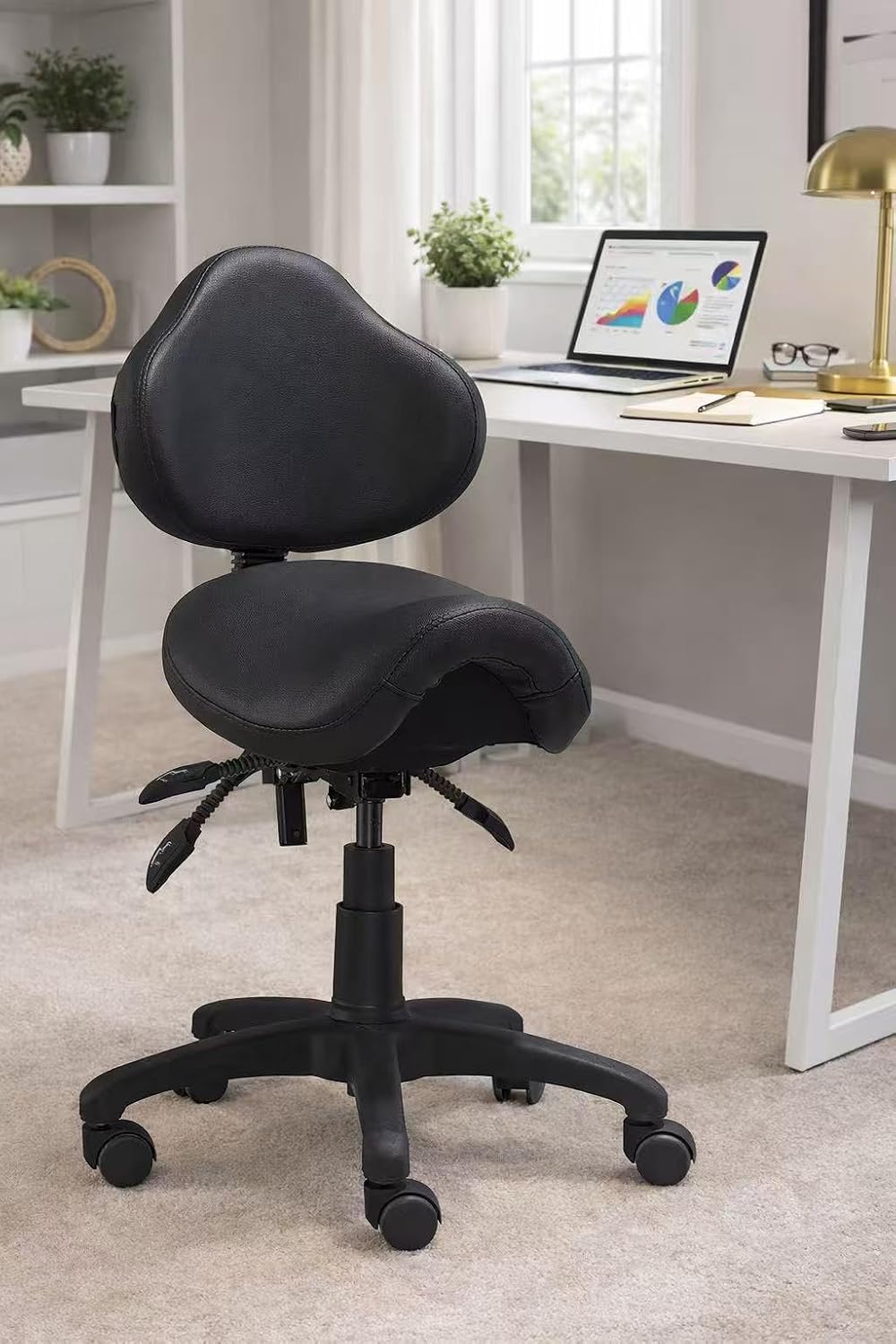 Ergonomic Saddle Stool with Back | Rolling Office Task Chair Adjustable Height Tilt Recline | Padded Seat for Medical Professionals, Dentists, and Artists, Black with Wheels, Single, Set of 1