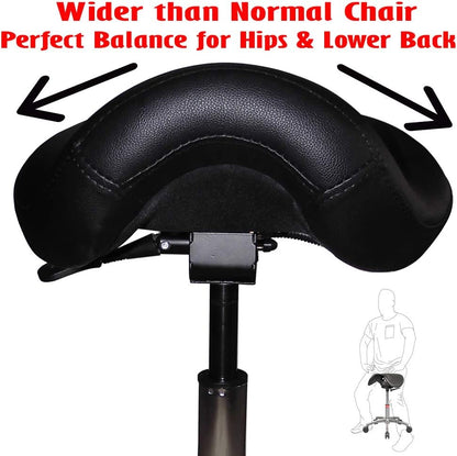 Ergonomic Saddle Stool with Back | Rolling Office Task Chair Adjustable Height Tilt Recline | Padded Seat for Medical Professionals, Dentists, and Artists, Black with Wheels, Single, Set of 1