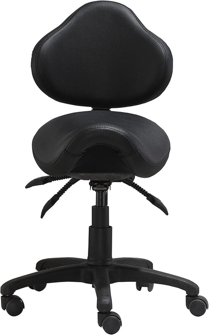 Ergonomic Saddle Stool with Back | Rolling Office Task Chair Adjustable Height Tilt Recline | Padded Seat for Medical Professionals, Dentists, and Artists, Black with Wheels, Single, Set of 1