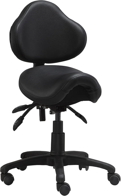 Ergonomic Saddle Stool with Back | Rolling Office Task Chair Adjustable Height Tilt Recline | Padded Seat for Medical Professionals, Dentists, and Artists, Black with Wheels, Single, Set of 1