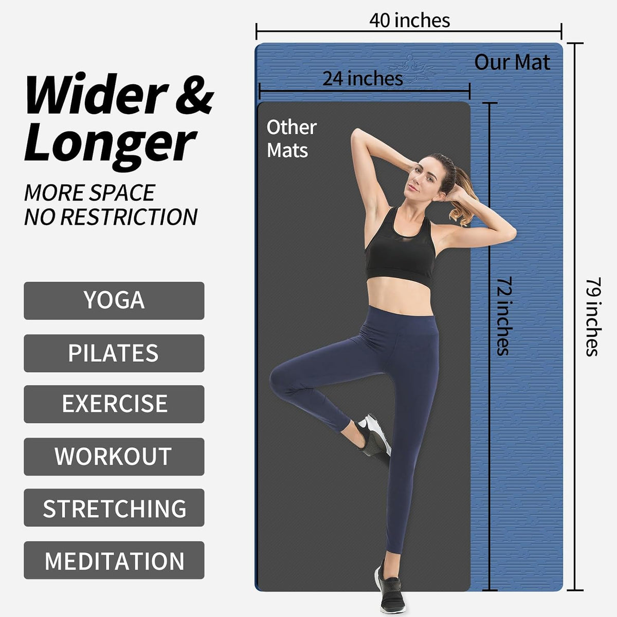 Hatha Yoga Extra Long TPE Yoga Mat 79" x 40" x 1/2" Thick Non-slip Exercise Mat for Home Gym Use, Yoga, Pilates, Fitness & Workouts