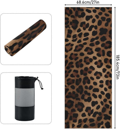 Leopard Print Yoga Mat Towel, Sweat Absorbent Hot Yoga Towel with Non Slip Grip, Soft Yoga Blanket with Travel Bag for Workout, Gym, Pilates, Fitness - 73" x 27"