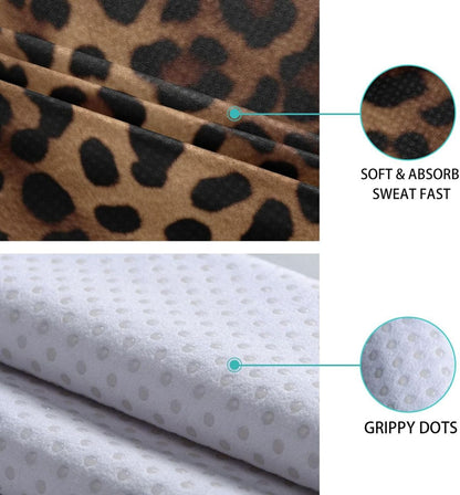 Leopard Print Yoga Mat Towel, Sweat Absorbent Hot Yoga Towel with Non Slip Grip, Soft Yoga Blanket with Travel Bag for Workout, Gym, Pilates, Fitness - 73" x 27"