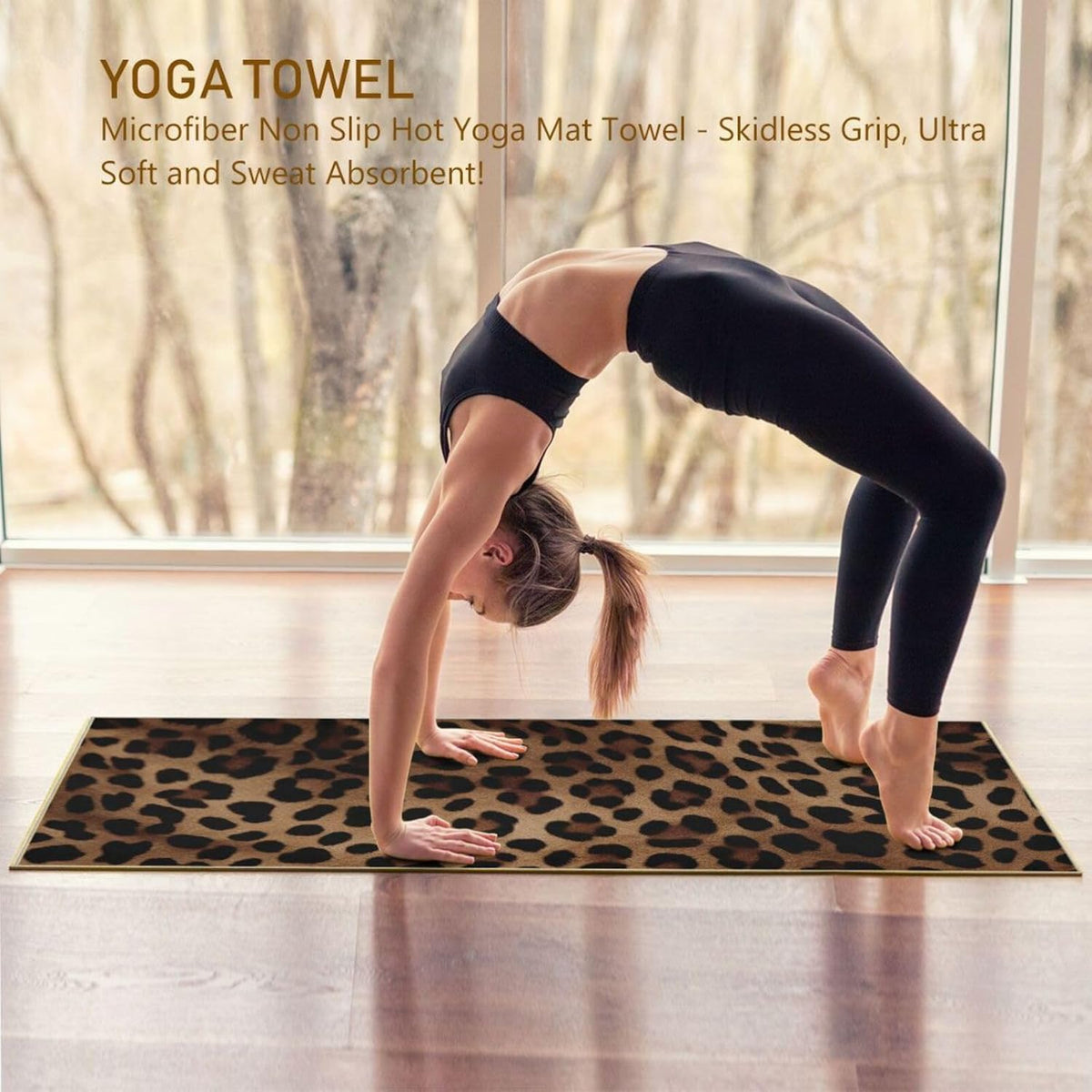 Leopard Print Yoga Mat Towel, Sweat Absorbent Hot Yoga Towel with Non Slip Grip, Soft Yoga Blanket with Travel Bag for Workout, Gym, Pilates, Fitness - 73" x 27"