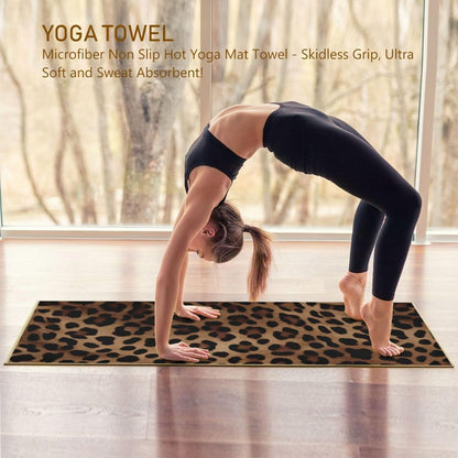 Leopard Print Yoga Mat Towel, Sweat Absorbent Hot Yoga Towel with Non Slip Grip, Soft Yoga Blanket with Travel Bag for Workout, Gym, Pilates, Fitness - 73" x 27"