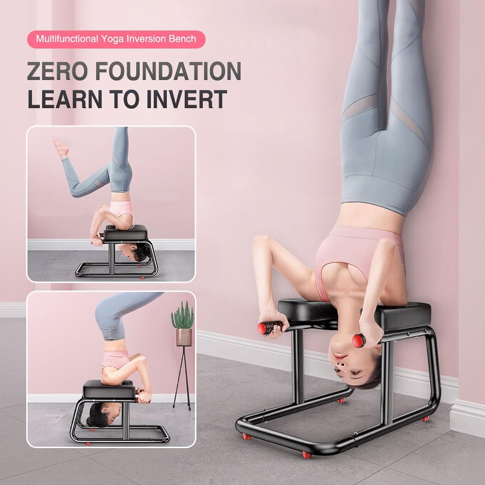 KBQ Yoga Headstand Bench, Yoga Inversion Chair, Headstand Trainer – U-Shaped Stool with 400LB Capacity, Double Armrest, Non-Slip Fitness Aid, Thick Breathable Mat, Home & Gym Stability Stool (Black)
