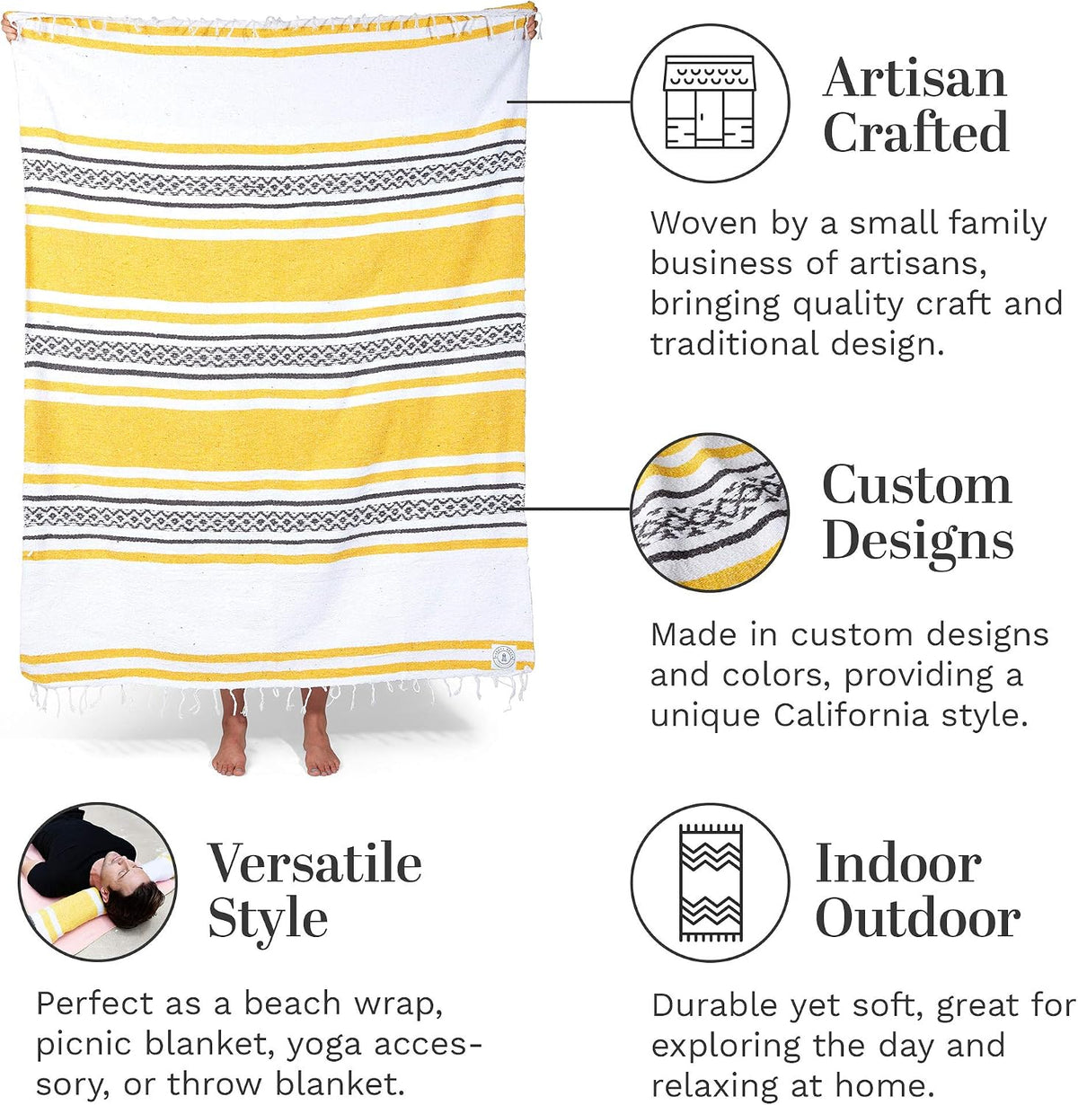 Mexican Blanket by Laguna Beach Textile Co - Beach, Yoga, Camping, or Decorative Throw Blanket - Traditional Handmade Serape (Ivory)