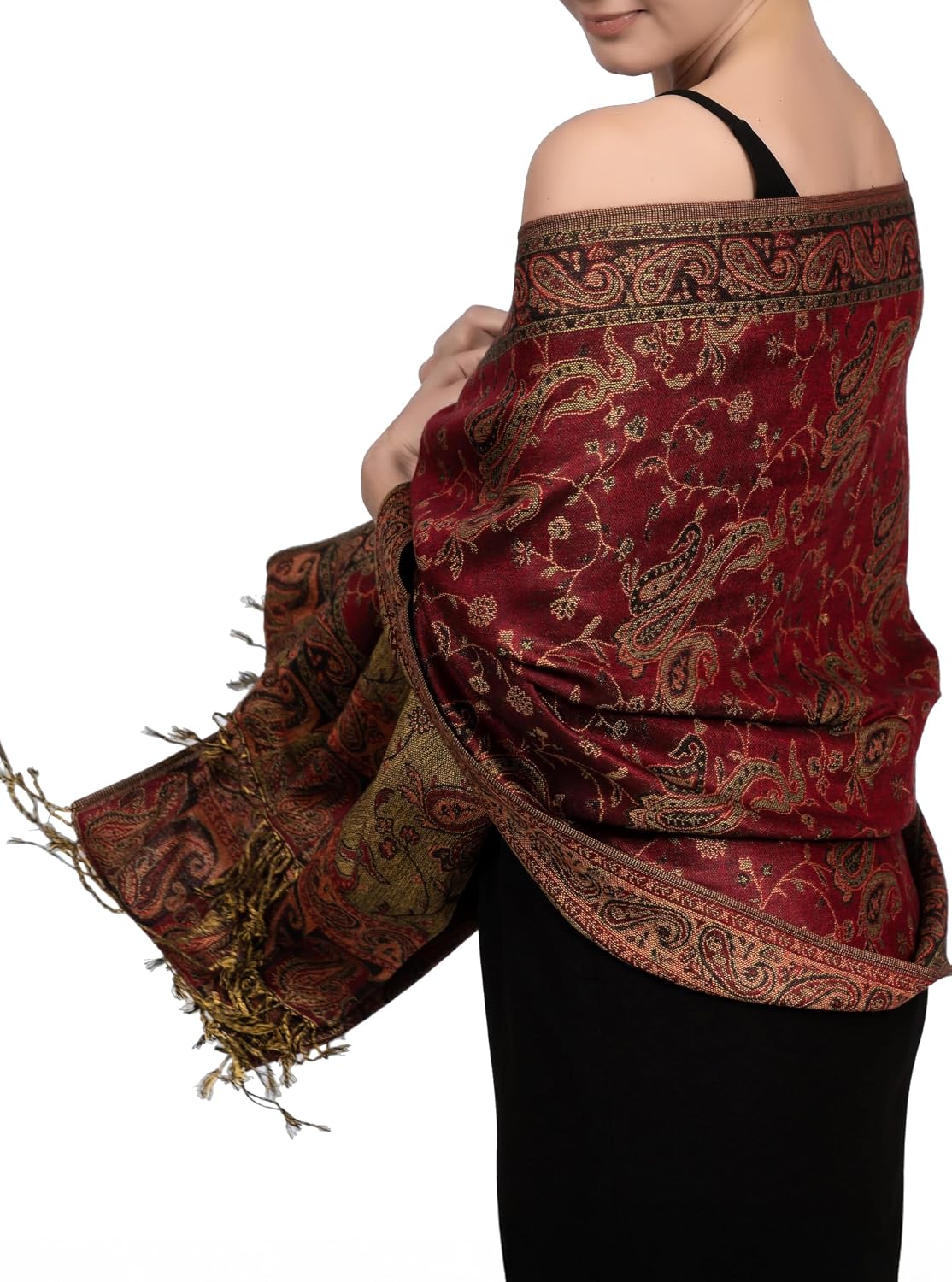 Reversible Paisley Pashmina Rave Scarf – Exotic Indian Shawls and Wraps for Evening Dresses, Festivals, All Seasons - Colors A